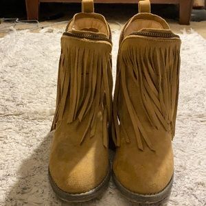 Tan fringe booties